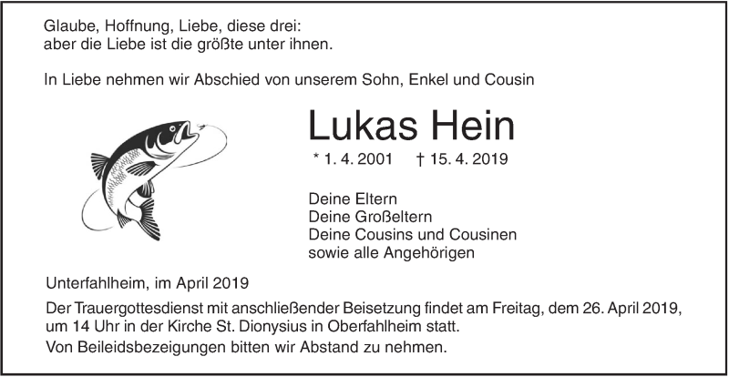  Traueranzeige für Lukas Hein vom 20.04.2019 aus SÜDWEST PRESSE Ausgabe Ulm/Neu-Ulm