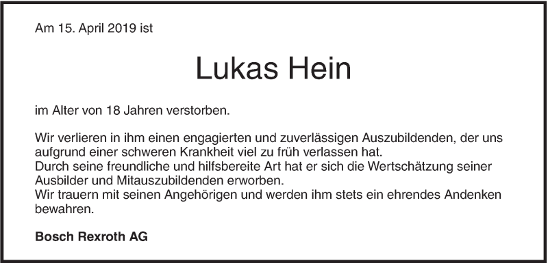  Traueranzeige für Lukas Hein vom 25.04.2019 aus SÜDWEST PRESSE Ausgabe Ulm/Neu-Ulm