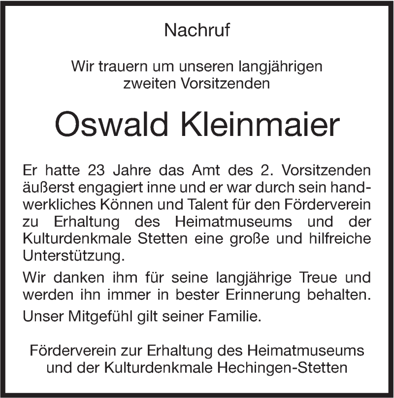  Traueranzeige für Oswald Kleinmaier vom 23.04.2019 aus Hohenzollerische Zeitung