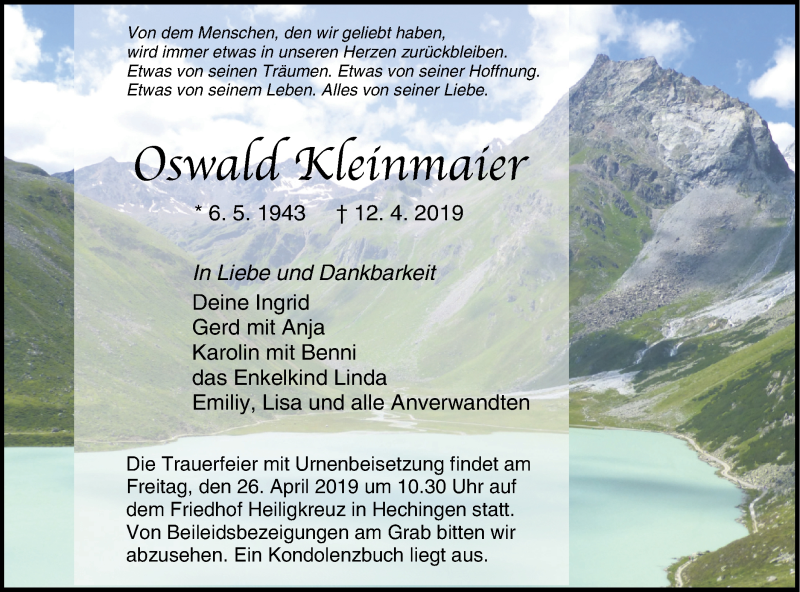  Traueranzeige für Oswald Kleinmaier vom 23.04.2019 aus Hohenzollerische Zeitung