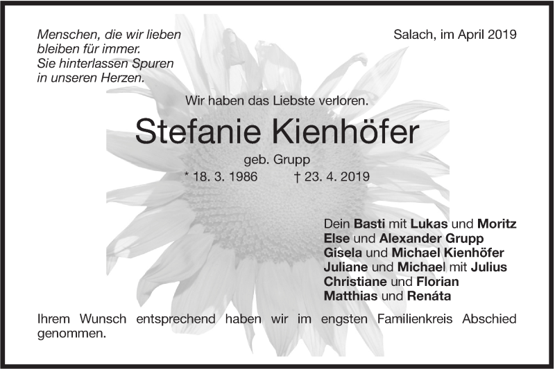  Traueranzeige für Stefanie Kienhöfer vom 27.04.2019 aus NWZ Neue Württembergische Zeitung