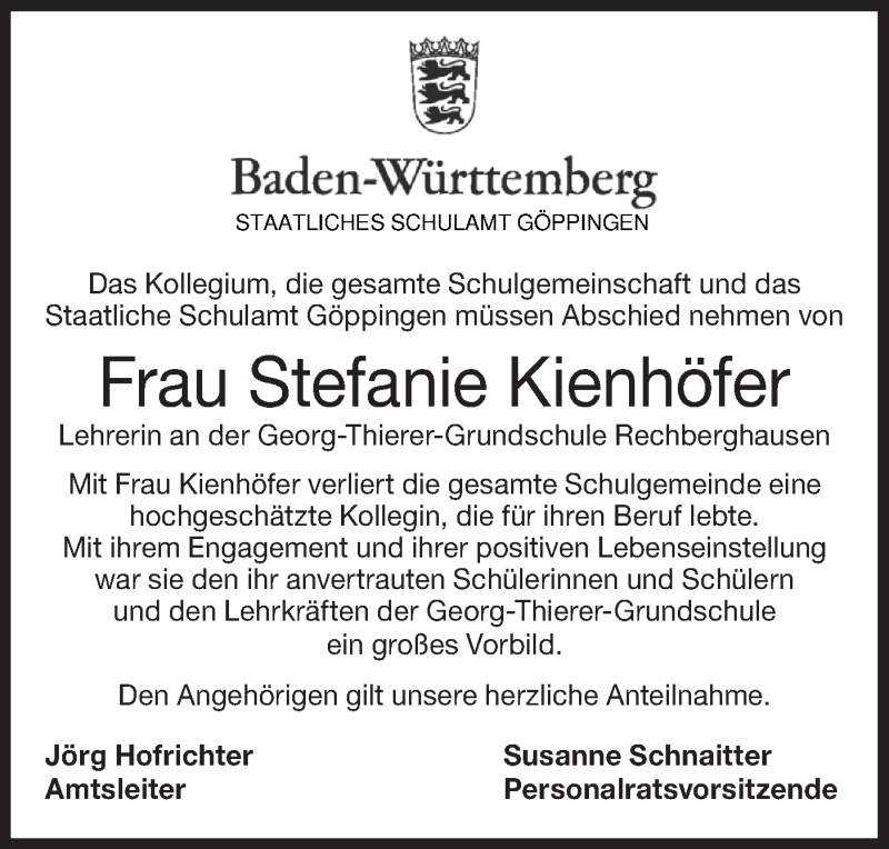  Traueranzeige für Stefanie Kienhöfer vom 02.05.2019 aus NWZ Neue Württembergische Zeitung