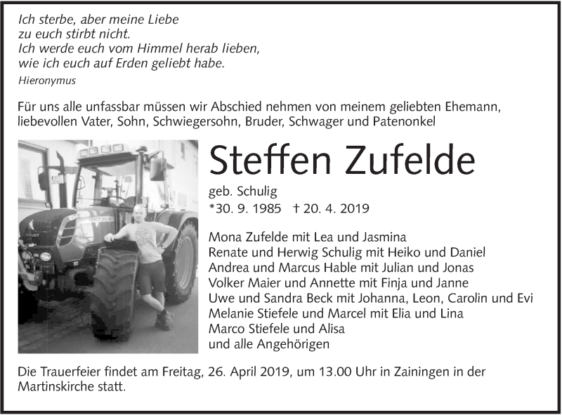  Traueranzeige für Steffen Zufelde vom 24.04.2019 aus Alb-Bote/Metzinger-Uracher Volksblatt