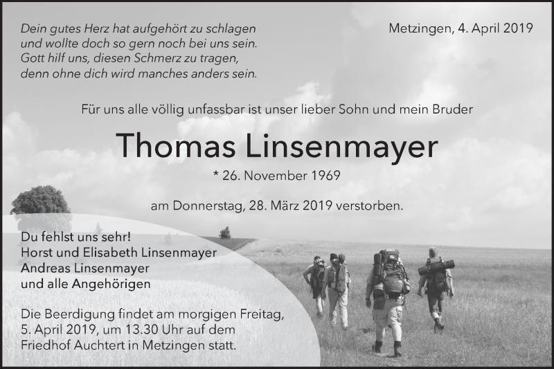 Traueranzeige für Thomas Linsenmayer vom 04.04.2019 aus Metzinger-Uracher Volksblatt