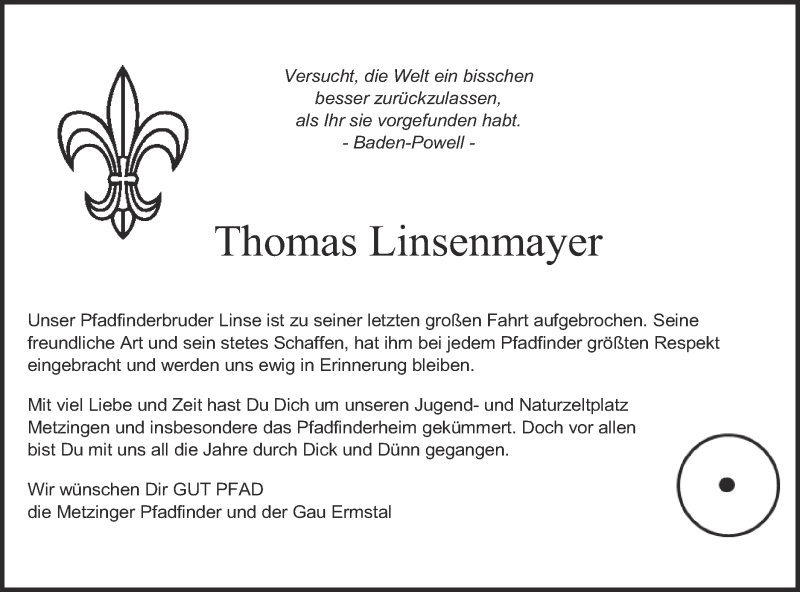  Traueranzeige für Thomas Linsenmayer vom 05.04.2019 aus Metzinger-Uracher Volksblatt