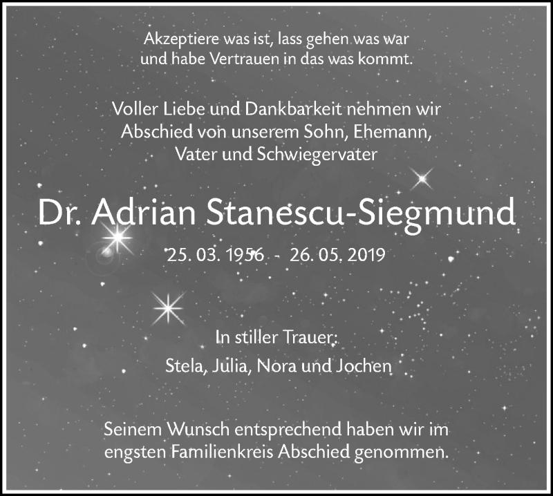  Traueranzeige für Adrian Stanescu-Siegmund vom 29.05.2019 aus SÜDWEST PRESSE Ausgabe Ulm/Neu-Ulm