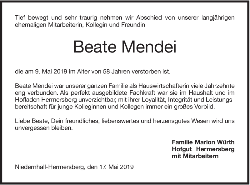  Traueranzeige für Beate Mendei vom 17.05.2019 aus Hohenloher Tagblatt