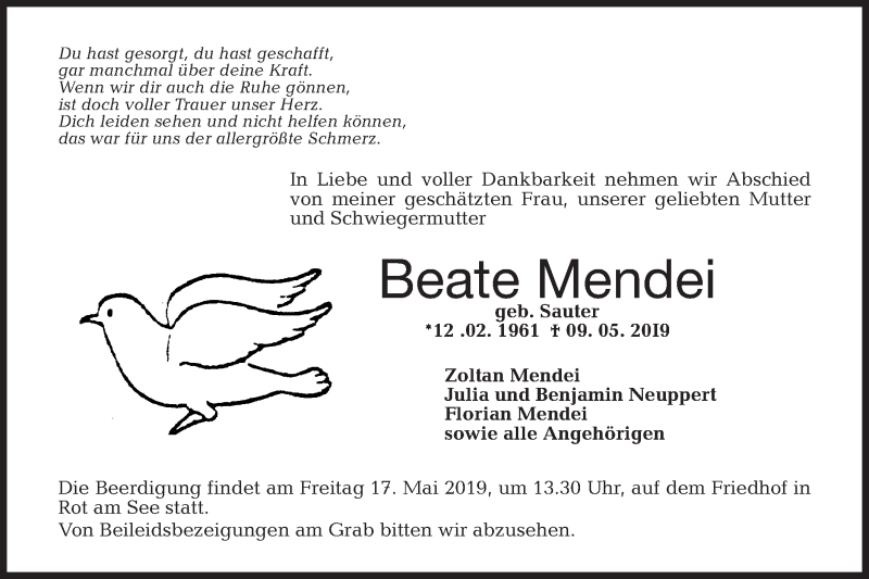 Traueranzeige für Beate Mendei vom 14.05.2019 aus Hohenloher Tagblatt