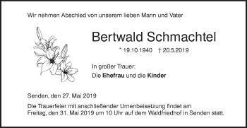 Traueranzeige von Bertwald Schmachtel von SÜDWEST PRESSE Ausgabe Ulm/Neu-Ulm