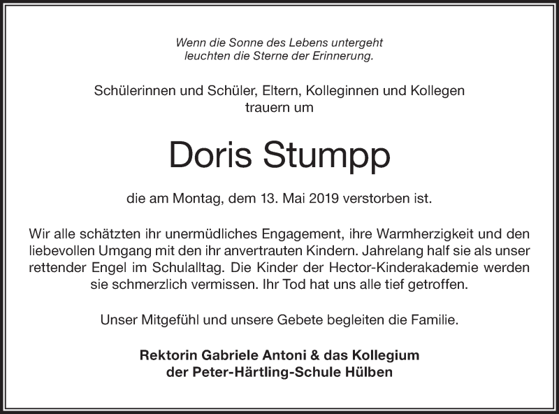  Traueranzeige für Doris Stumpp vom 16.05.2019 aus Metzinger-Uracher Volksblatt
