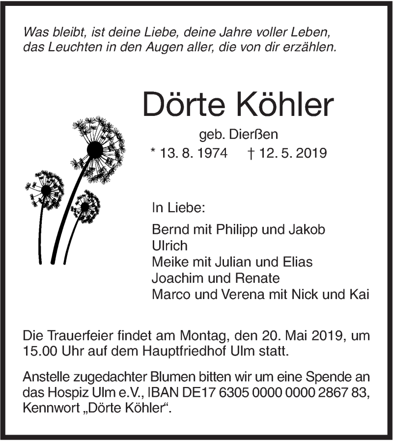  Traueranzeige für Dörte Köhler vom 15.05.2019 aus SÜDWEST PRESSE Ausgabe Ulm/Neu-Ulm