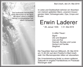 Traueranzeige von Erwin Laderer von Metzinger-Uracher Volksblatt