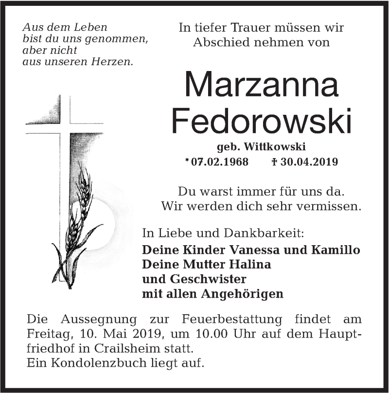  Traueranzeige für Marzanna Fedorowski vom 08.05.2019 aus Hohenloher Tagblatt