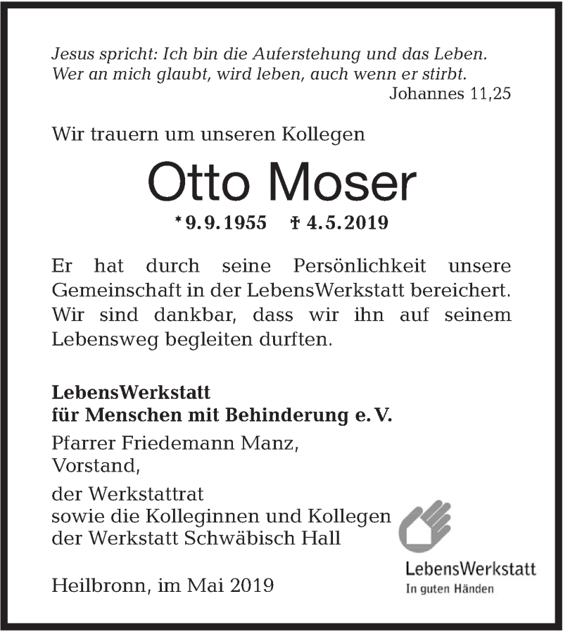  Traueranzeige für Otto Moser vom 09.05.2019 aus Haller Tagblatt