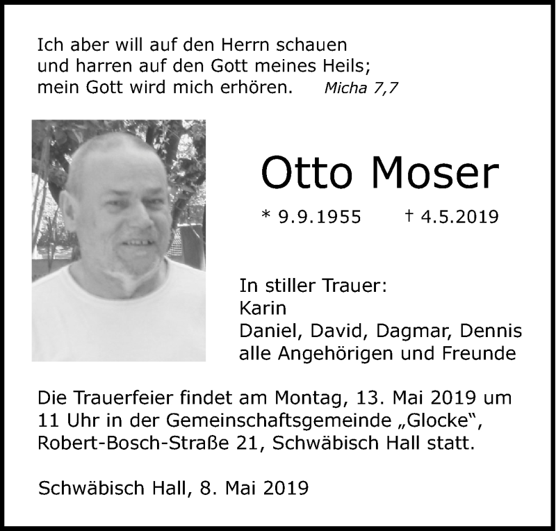  Traueranzeige für Otto Moser vom 08.05.2019 aus Haller Tagblatt