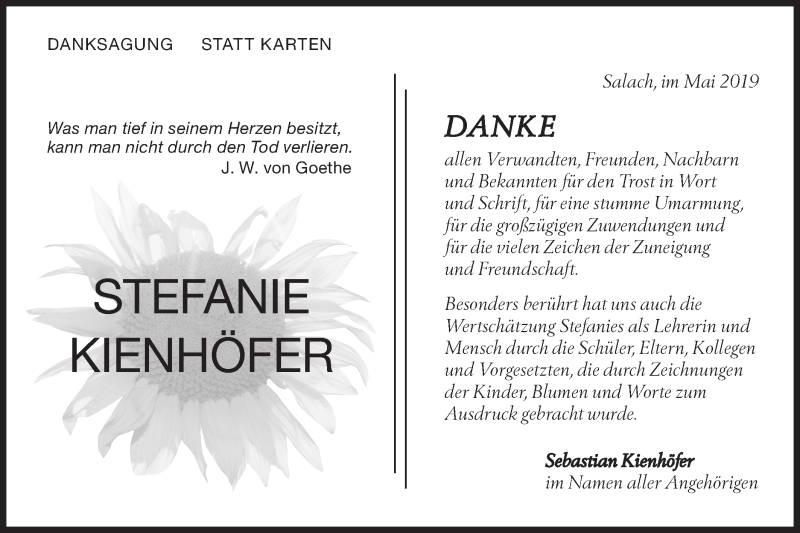  Traueranzeige für Stefanie Kienhöfer vom 11.05.2019 aus NWZ Neue Württembergische Zeitung