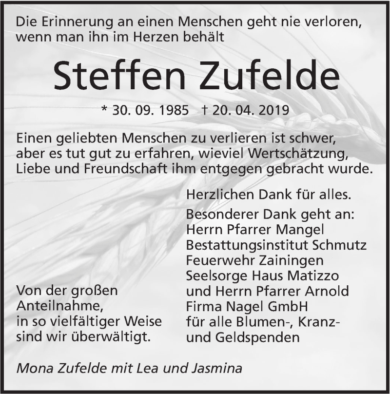  Traueranzeige für Steffen Zufelde vom 11.05.2019 aus Alb-Bote/Metzinger-Uracher Volksblatt
