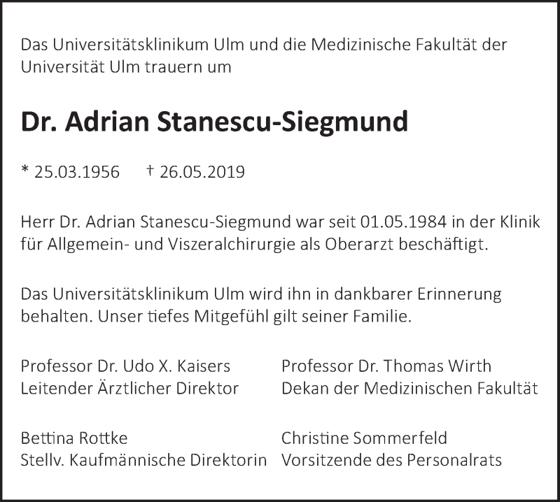  Traueranzeige für Adrian Stanescu-Siegmund vom 06.06.2019 aus SÜDWEST PRESSE Ausgabe Ulm/Neu-Ulm