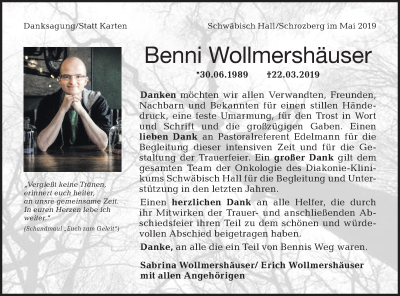  Traueranzeige für Benni Wollmershäuser vom 08.06.2019 aus Hohenloher Tagblatt