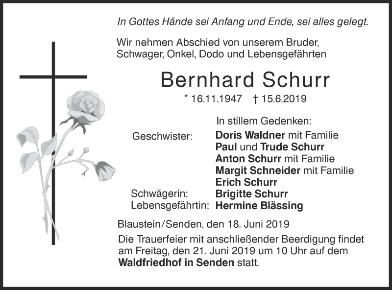  Traueranzeige für Bernhard Schurr vom 18.06.2019 aus SÜDWEST PRESSE Ausgabe Ulm/Neu-Ulm