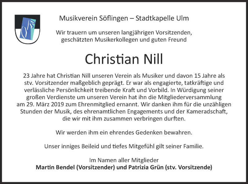  Traueranzeige für Christian Nill vom 29.06.2019 aus SÜDWEST PRESSE Ausgabe Ulm/Neu-Ulm