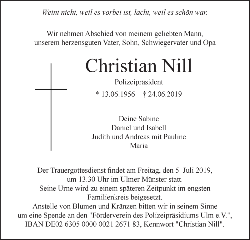  Traueranzeige für Christian Nill vom 29.06.2019 aus SÜDWEST PRESSE Ausgabe Ulm/Neu-Ulm