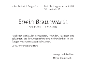 Traueranzeige von Erwin Braunwarth von Geislinger Zeitung