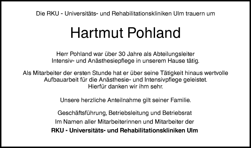  Traueranzeige für Hartmut Pohland vom 27.06.2019 aus SÜDWEST PRESSE Ausgabe Ulm/Neu-Ulm