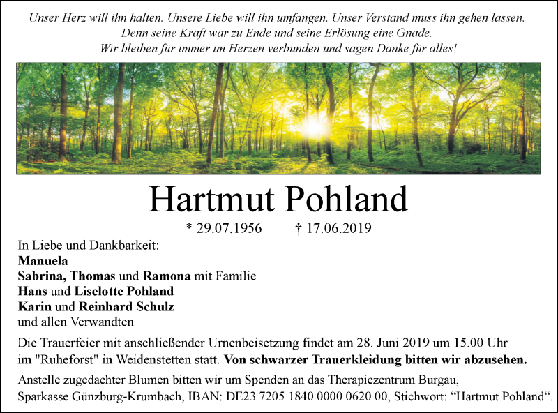  Traueranzeige für Hartmut Pohland vom 24.06.2019 aus SÜDWEST PRESSE Ausgabe Ulm/Neu-Ulm