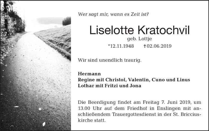  Traueranzeige für Liselotte Kratochvil vom 04.06.2019 aus Haller Tagblatt