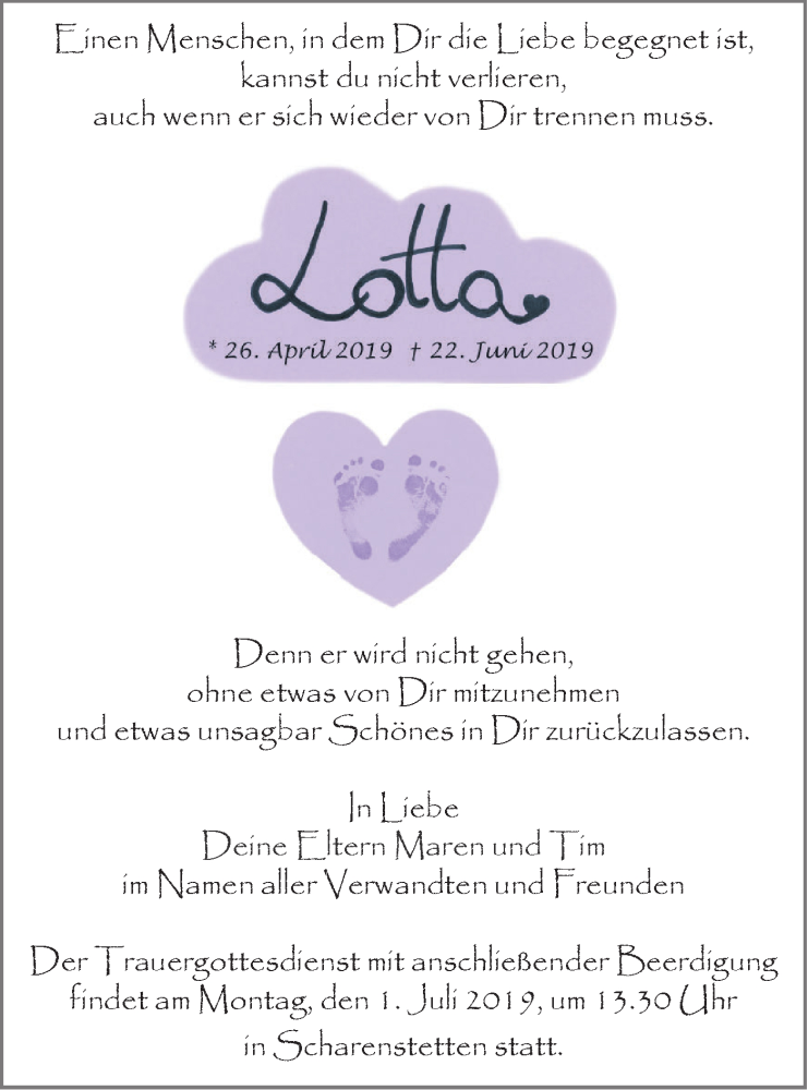  Traueranzeige für Lotta  vom 25.06.2019 aus SÜDWEST PRESSE Ausgabe Ulm/Neu-Ulm