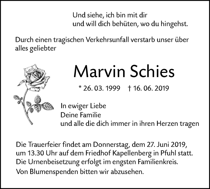  Traueranzeige für Marvin Schies vom 25.06.2019 aus SÜDWEST PRESSE Ausgabe Ulm/Neu-Ulm