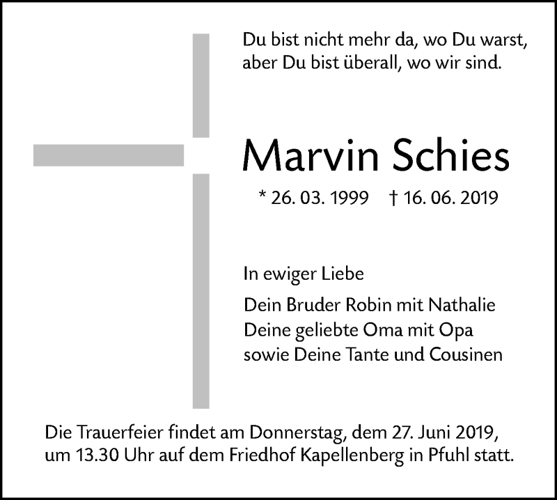  Traueranzeige für Marvin Schies vom 25.06.2019 aus SÜDWEST PRESSE Ausgabe Ulm/Neu-Ulm