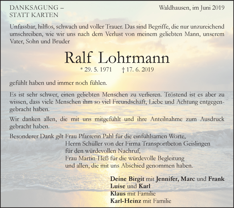  Traueranzeige für Ralf Lohrmann vom 29.06.2019 aus Geislinger Zeitung