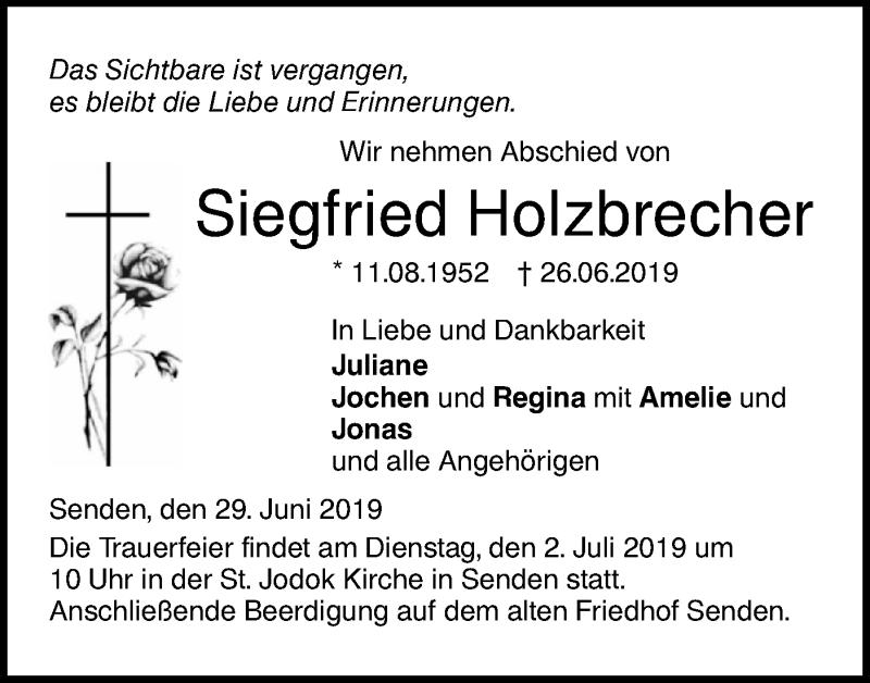  Traueranzeige für Siegfried Holzbrecher vom 29.06.2019 aus SÜDWEST PRESSE Ausgabe Ulm/Neu-Ulm