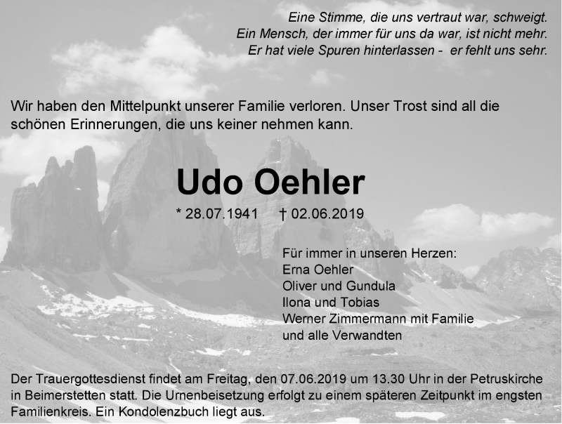  Traueranzeige für Udo Oehler vom 05.06.2019 aus SÜDWEST PRESSE Ausgabe Ulm/Neu-Ulm
