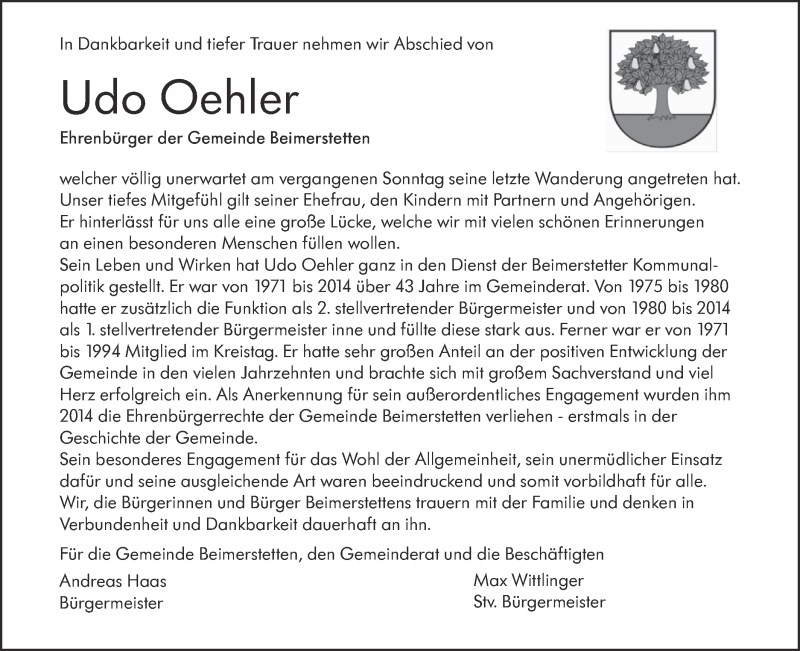  Traueranzeige für Udo Oehler vom 06.06.2019 aus SÜDWEST PRESSE Ausgabe Ulm/Neu-Ulm