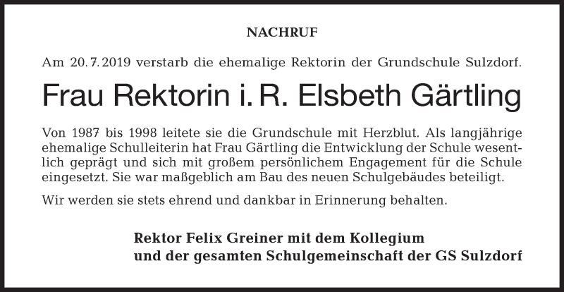  Traueranzeige für Elsbeth Gärtling vom 27.07.2019 aus Haller Tagblatt