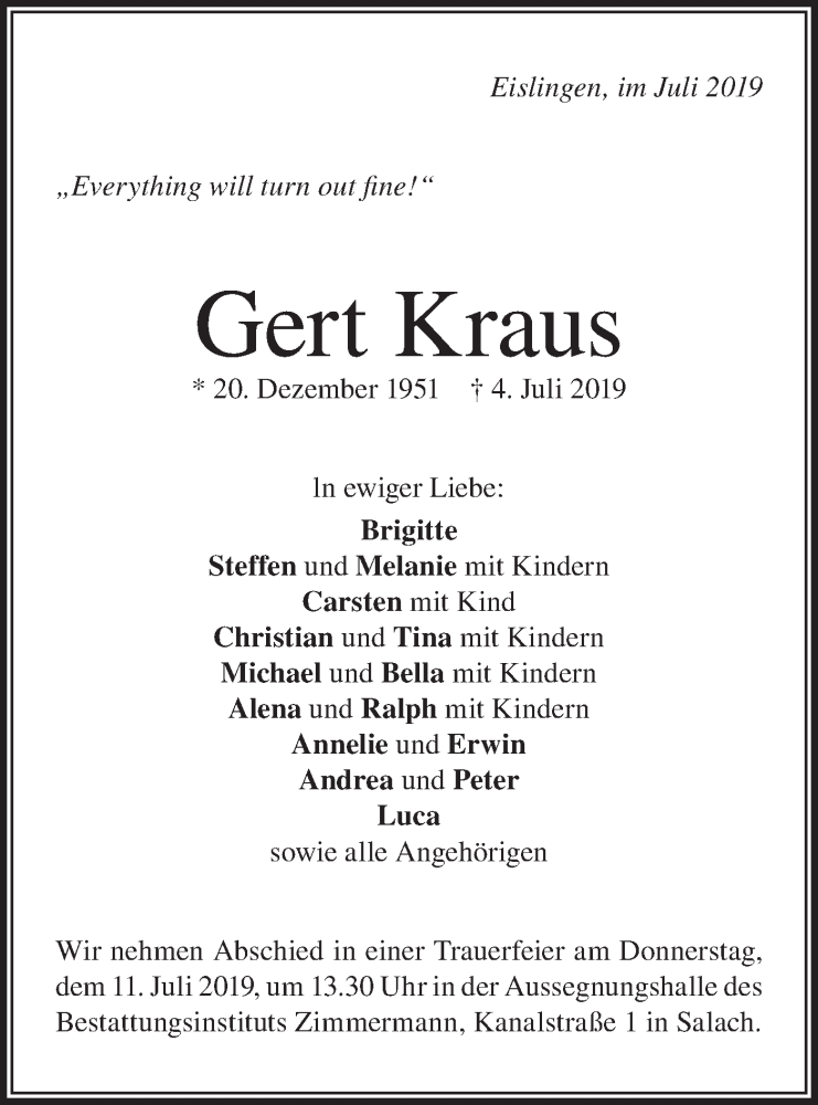  Traueranzeige für Gert Kraus vom 09.07.2019 aus NWZ Neue Württembergische Zeitung
