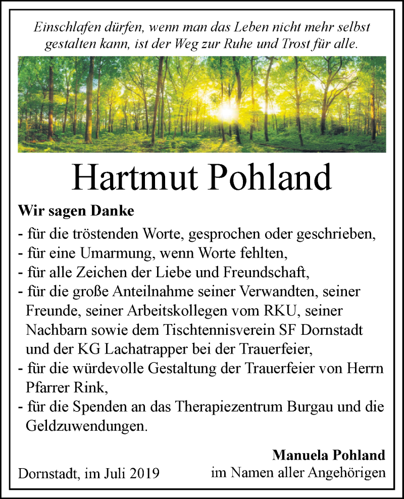  Traueranzeige für Hartmut Pohland vom 25.07.2019 aus SÜDWEST PRESSE Ausgabe Ulm/Neu-Ulm