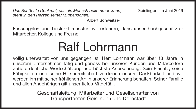  Traueranzeige für Ralf Lohrmann vom 02.07.2019 aus NWZ Neue Württembergische Zeitung/Geislinger Zeitung