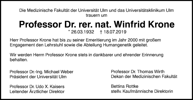  Traueranzeige für Winfrid Krone vom 25.07.2019 aus SÜDWEST PRESSE Ausgabe Ulm/Neu-Ulm