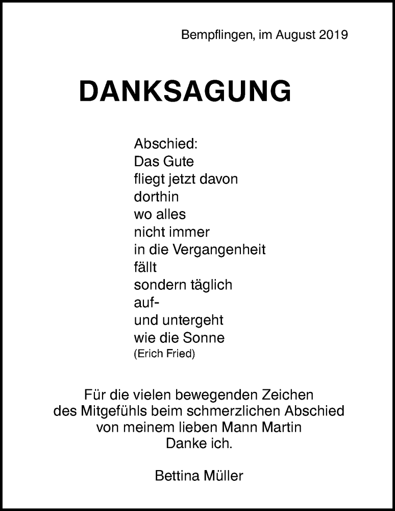  Traueranzeige für Danksagung  vom 30.08.2019 aus Metzinger-Uracher Volksblatt