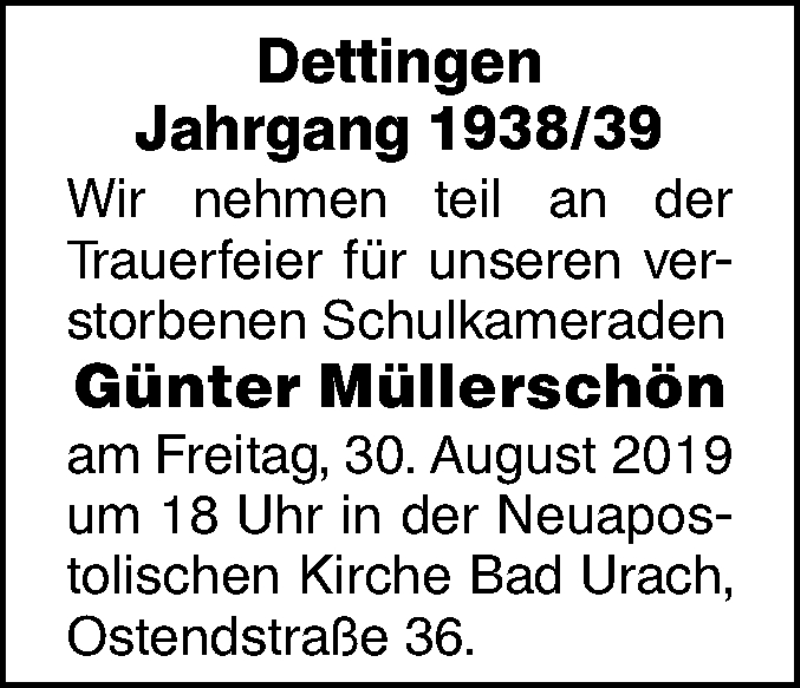  Traueranzeige für Günter Müllerschön vom 28.08.2019 aus Metzinger-Uracher Volksblatt