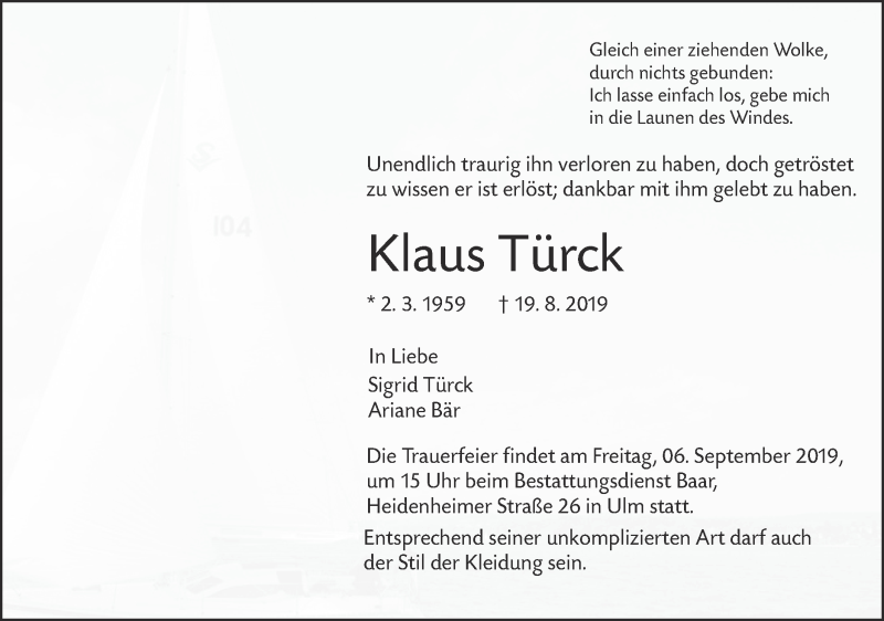  Traueranzeige für Klaus Türck vom 31.08.2019 aus SÜDWEST PRESSE Ausgabe Ulm/Neu-Ulm