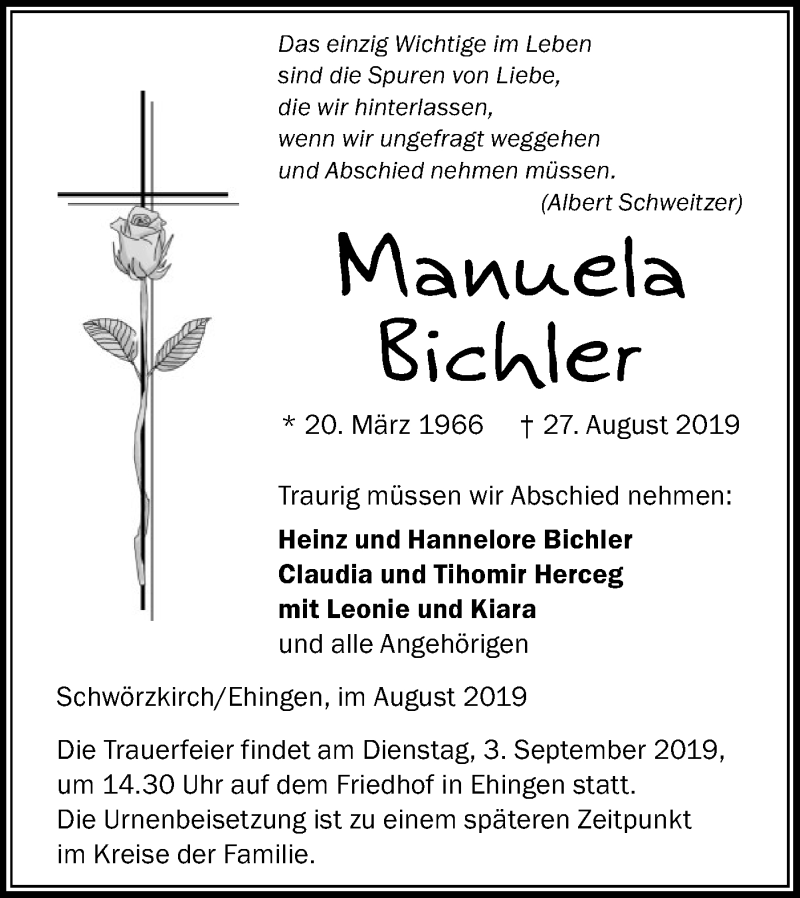  Traueranzeige für Manuela Bichler vom 31.08.2019 aus Ehinger Tagblatt