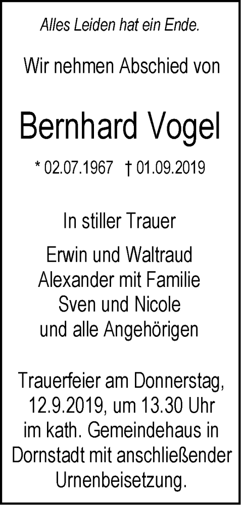  Traueranzeige für Bernhard Vogel vom 07.09.2019 aus SÜDWEST PRESSE Ausgabe Ulm/Neu-Ulm