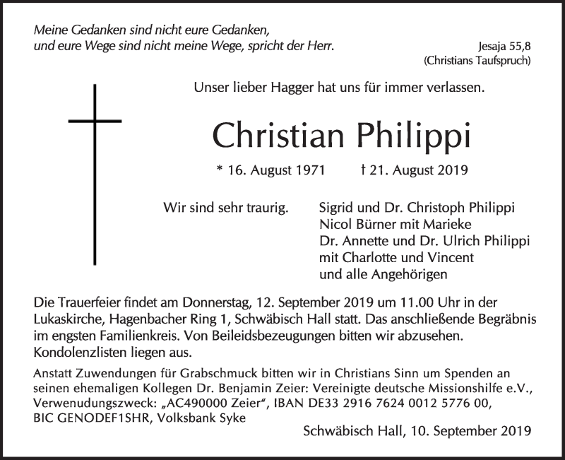  Traueranzeige für Christian Philippi vom 10.09.2019 aus Haller Tagblatt