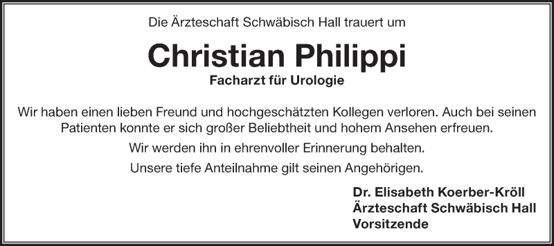  Traueranzeige für Christian Philippi vom 12.09.2019 aus Haller Tagblatt