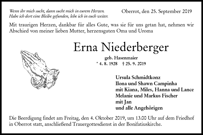  Traueranzeige für Erna Niederberg vom 01.10.2019 aus Rundschau Gaildorf